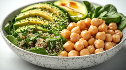 This vibrant bowl has fresh spinach, chickpeas, and creamy avocado