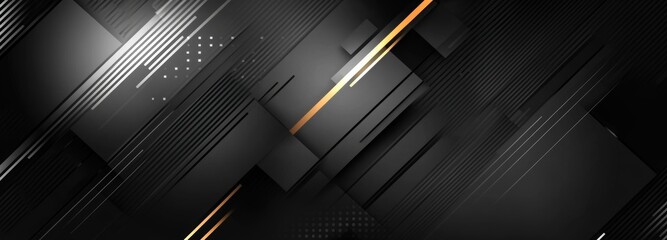 An abstract geometrical cybertech metaverse web 3 horizontal dark banner design template blank with place for text. Black and white sci-fi cyberpunk shapes interface hud image.