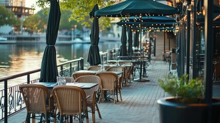 View of a waterfront South Asian restaurant with outdoor dining tables. No people, copy space available