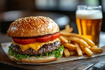 Cheeseburger with French Fries and Beer on Wooden Table