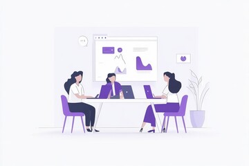 Business presentation to team members with reports and charts on the directors' board, brainstorming, cartoon illustration, corporate business meeting at a company