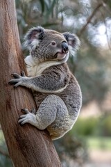 Fototapeta premium A koala climbing a tree, showcasing its natural habitat and behavior.