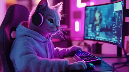Cat wearing headphones and a hoodie while using a computer with LED lights in the background