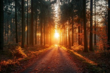 Fototapeta premium The autumn forest and country road at sunset. Colorful landscape with trees, rural roads, orange and red leaves, sun. Travel. Autumn background. A forest with vibrant foliage at night.