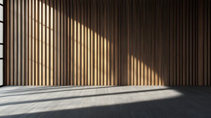 Fototapeta premium Wall with wood background. Panels with wood texture. Vertical slats in the interior design of an empty studio room. 3D architecture with window shadow overlay. 