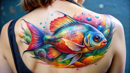 Vibrant Watercolor Fish Tattoo Design Featuring Colorful Marine Life and Artistic Ink Illustrations