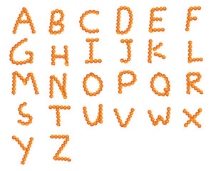 Set of English alphabet made up of Orange fruits, vector font type letters A to Z