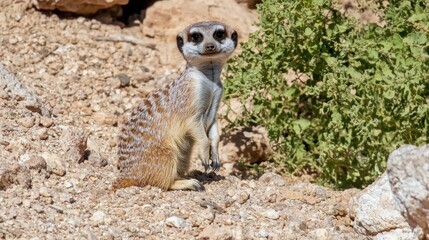 Fototapeta premium A meerkat stands on rocky terrain, observing its surroundings with curiosity.