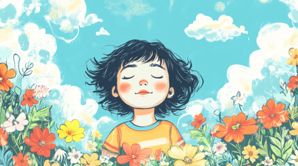 This is a cute illustration of a child surrounded by flowers and clouds. It's drawn in a colorful crayon style, perfect for school projects or kids' artwork.