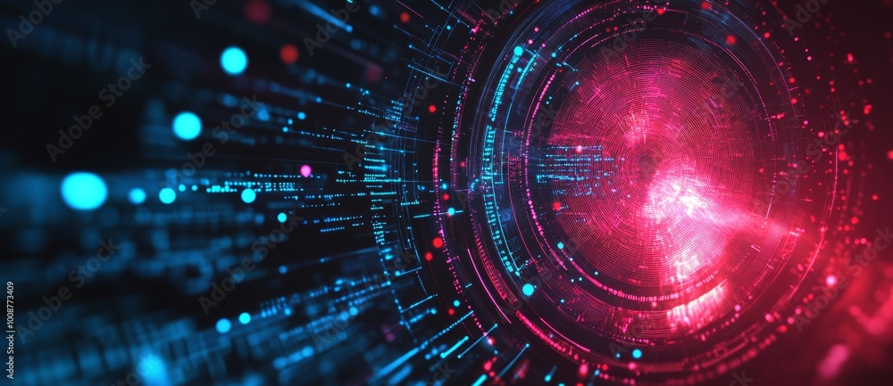 Poster background image of a digital circle style hud interface display time machine neon light