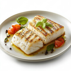 A photo of an elegant dish featuring halibut, showcasing its soft texture and delicate flake against the backdrop of pure white plate. 