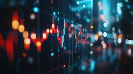 An upward-trending stock market chart displays colorful graphs and precise numerical figures against a blurred city backdrop, indicating financial growth and activity