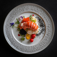 Gourmet plate, a lobster (shelled and without the claws) with caviar on it, small prestigious vegetables and some small flowers for decoration. 