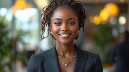 confident businesswoman in a trendy office setting radiating success and determination dressed in a chic suit with a bright smile her posture exudes professionalism and ambition