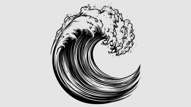 Water wave in engraving style graphic animation. Alpha channel. Transparent background motion design. 4K resolution