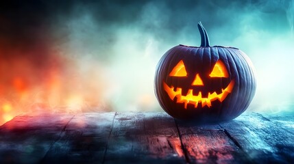 A pumpkin with a smiley face on it is sitting on a wooden table. The pumpkin is lit up, giving it a spooky and festive appearance. The scene is set in a dark room, with smoke