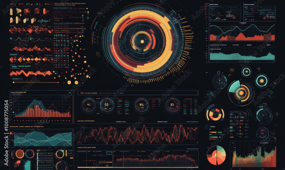 Poster interfaces with futuristic features, infographic elements, tech and science themes, and analysis the