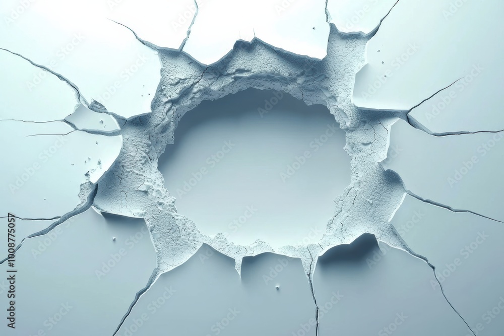 Aufkleber an abstract image of a cracked wall featuring a large hole, emphasizing texture and depth in a minim