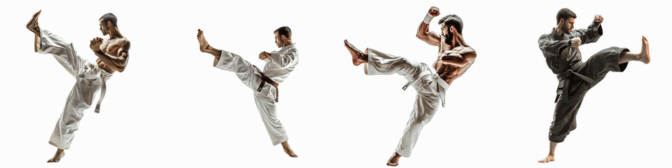 set of A martial artist performing a high kick, showing strength and technique, illustration of a martial artist, martial artist high kick, strength and technique, png, on a transparent backgrounds
