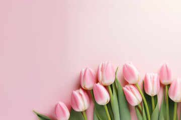 Photo of tulips border on pink background.