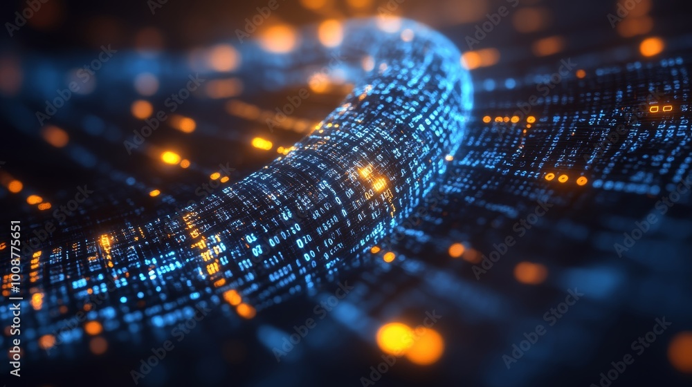 Poster abstract data stream. digital code flowing technology background with orange glowing 0, 1 numbers