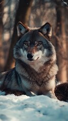 Obraz premium A wolf resting in a snowy forest, showcasing its majestic features and natural habitat.