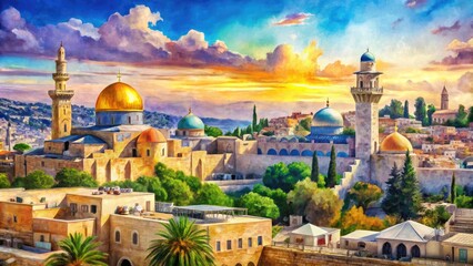 Fototapeta premium Vibrant Watercolor Illustration of Israel's Iconic Landscapes and Landmarks in Artistic Style
