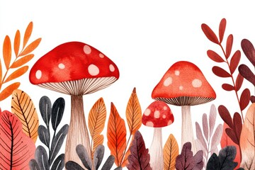 Vibrant watercolor illustration of red mushrooms surrounded by autumn leaves, perfect for nature-themed designs and seasonal decor.