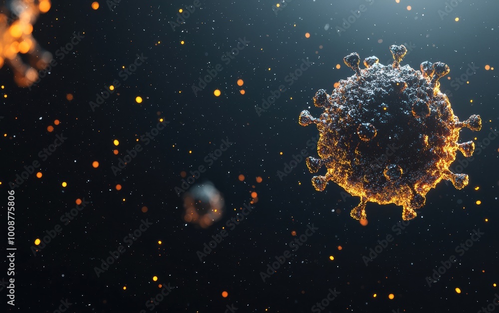 Poster close-up view of a virus particle under a microscope, showcasing its intricate structure and detaile