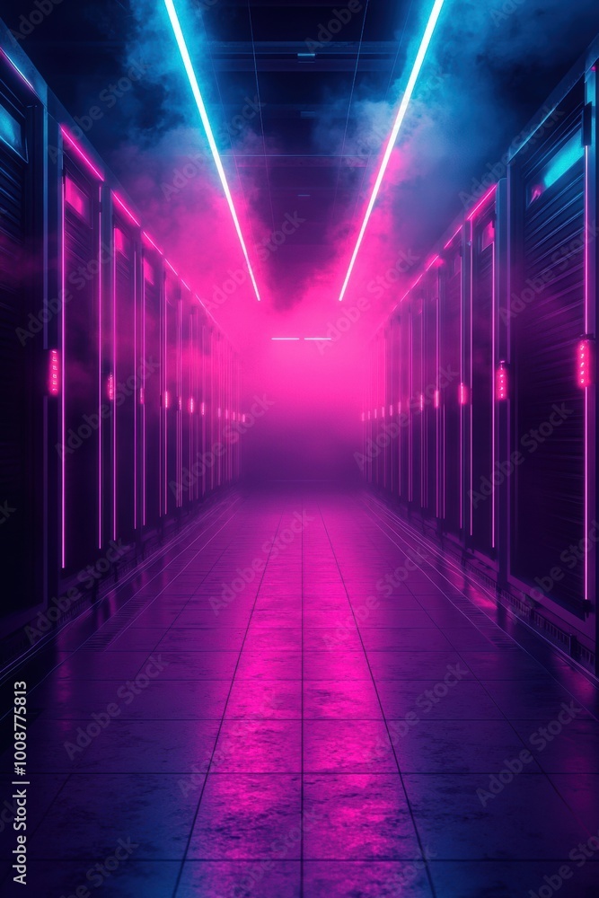 Poster futuristic server room illuminated with vibrant neon lights and mist, creating a high-tech ambiance 