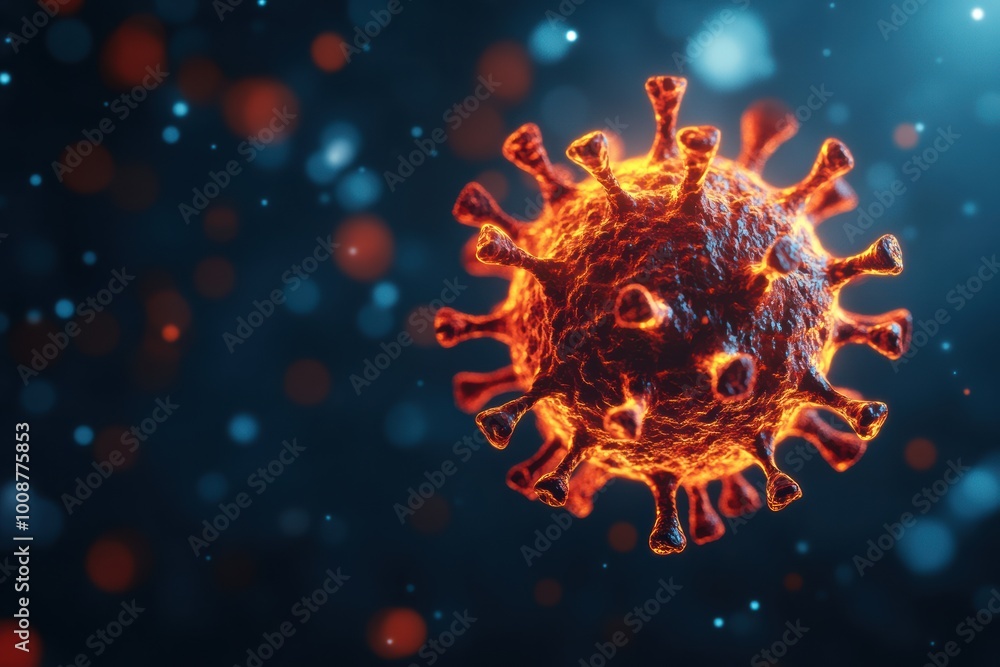 Poster detailed close-up of a virus structure with vibrant colors, illustrating the complexity of microscop