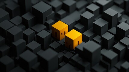 abstract texture containing three honeyyellow objects surrounded by dark grey objects, symbolizing housing and real estate on a darkgrey background, 3d 