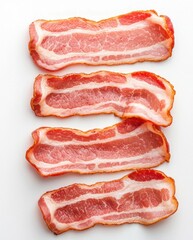Freshly sliced bacon strips arranged on a white background, showcasing the rich color and texture of this popular breakfast ingredient.