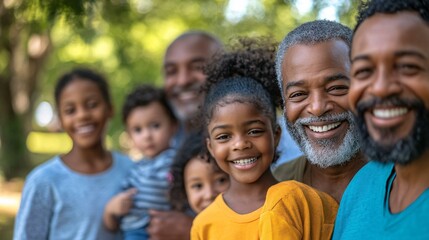 A cheerful multi-generational family stands together in a park, with children in the front, parents behind them, and grandparents smiling at the back, all dressed casually and enjoying a sunny