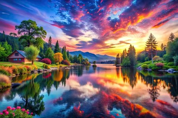 Fototapeta premium Vibrant Watercolor Landscapes Showcasing Nature's Beauty in Vivid Colors and Soft Brush Strokes