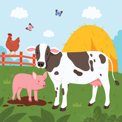 Cartoon Farm Scene with Cow and Pig