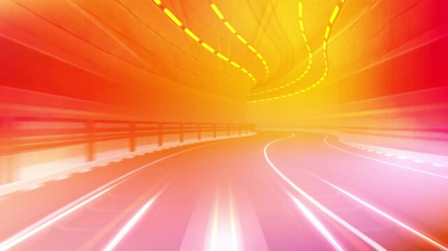 Fast drive by car through a tunnel in the Tenet movie film look, with orange light bluish color tones. Following a car from the front window view with a speed