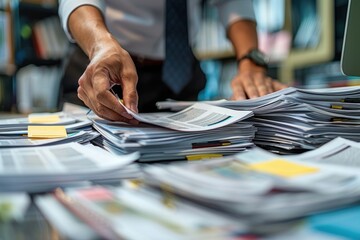 businessman's hands carefully lay out documents on the table, close up