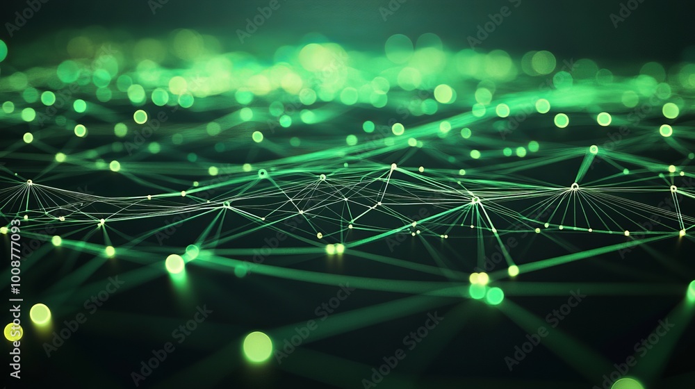 Poster an abstract green digital background with big data visualization. a compound plexus with lines appea