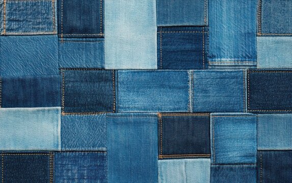 A textured patchwork of various denim fabrics in blue tones, showcasing unique stitching and patterns, ideal for fashion and textile design projects.