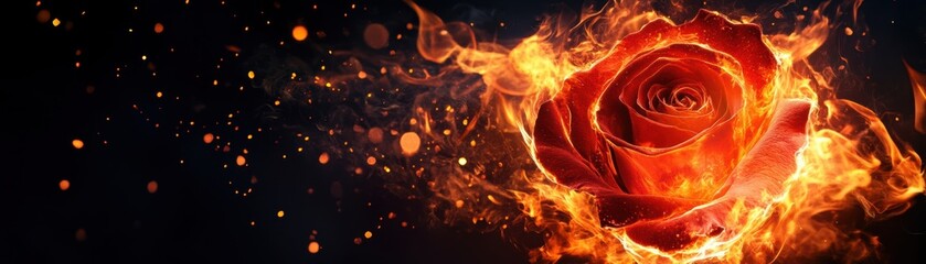 A vibrant red rose engulfed in flames, symbolizing passion and beauty. The fiery backdrop enhances the striking contrast and allure.