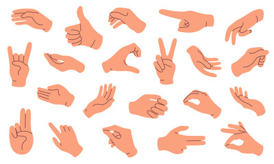 Hand gesture set isolated on white. Simple flat style. Hand sign ok, heart, press touch, hold, peace. Vector illustration.