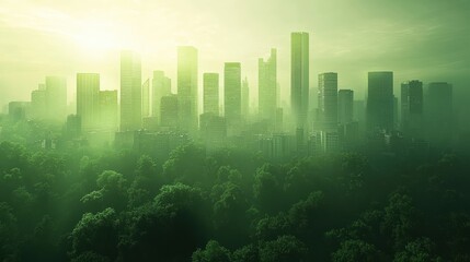 Fototapeta premium A vibrant urban landscape enveloped in mist and greenery, showcasing modern architecture and nature's beauty harmoniously intertwined.