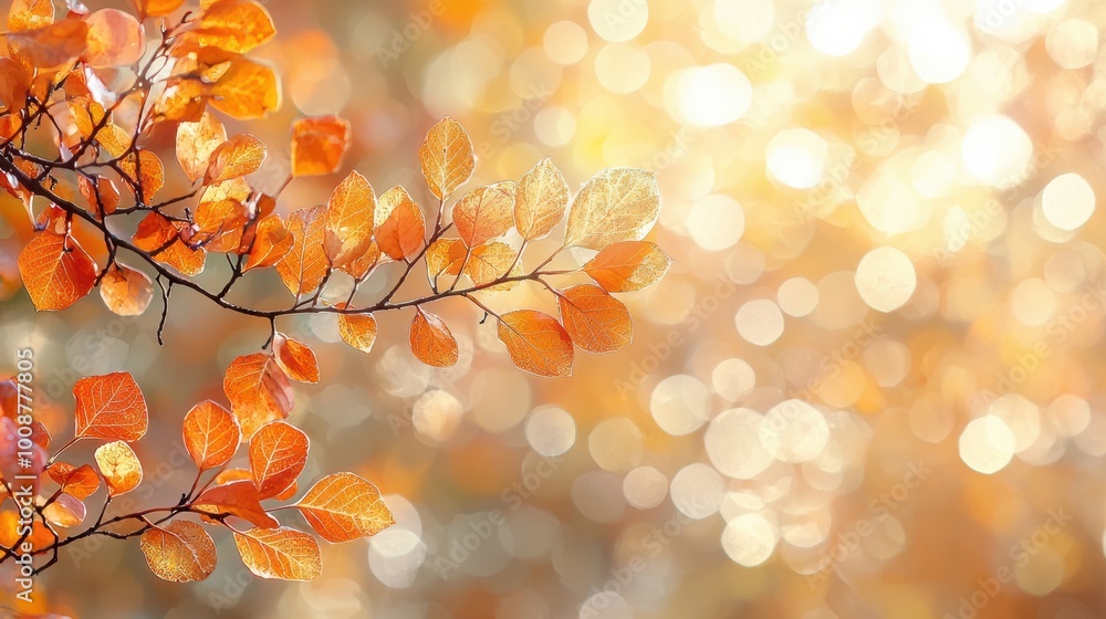 Poster a close-up of vibrant autumn leaves with a soft bokeh background, creating a warm and inviting atmos