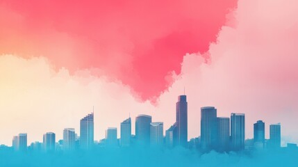 Fototapeta premium A vibrant city skyline under a colorful sky, showcasing modern architecture and urban life, ideal for themes of progress and innovation.