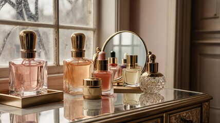 a group bottle of perfume sits on a table next to a mirror.