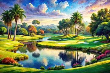 Obraz premium Vibrant Watercolor Painting of a Golf Course with Lush Greens and a Tranquil Water Hazard Scene