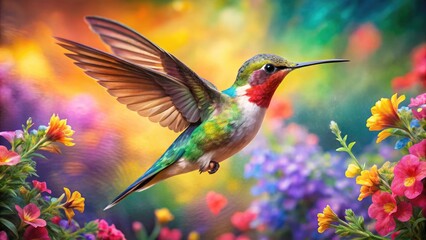 Fototapeta premium Vibrant Watercolor Painting of a Hummingbird in Flight with Colorful Floral Background Elements