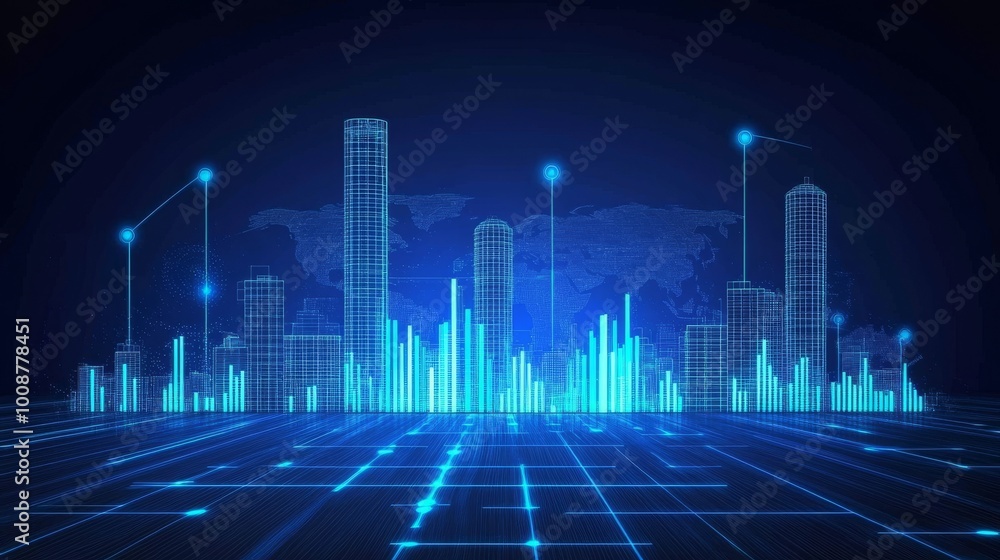 Poster screen display with smart city analyze dashboard on a virtual metaverse background in sci-fi style w