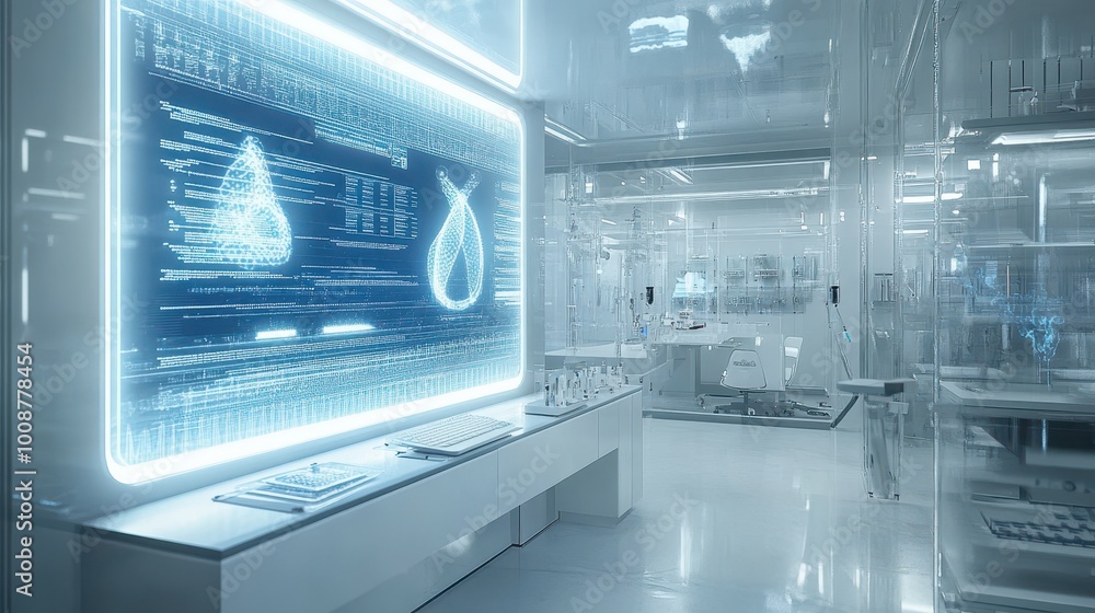 Poster futuristic laboratory with advanced technology and digital interface